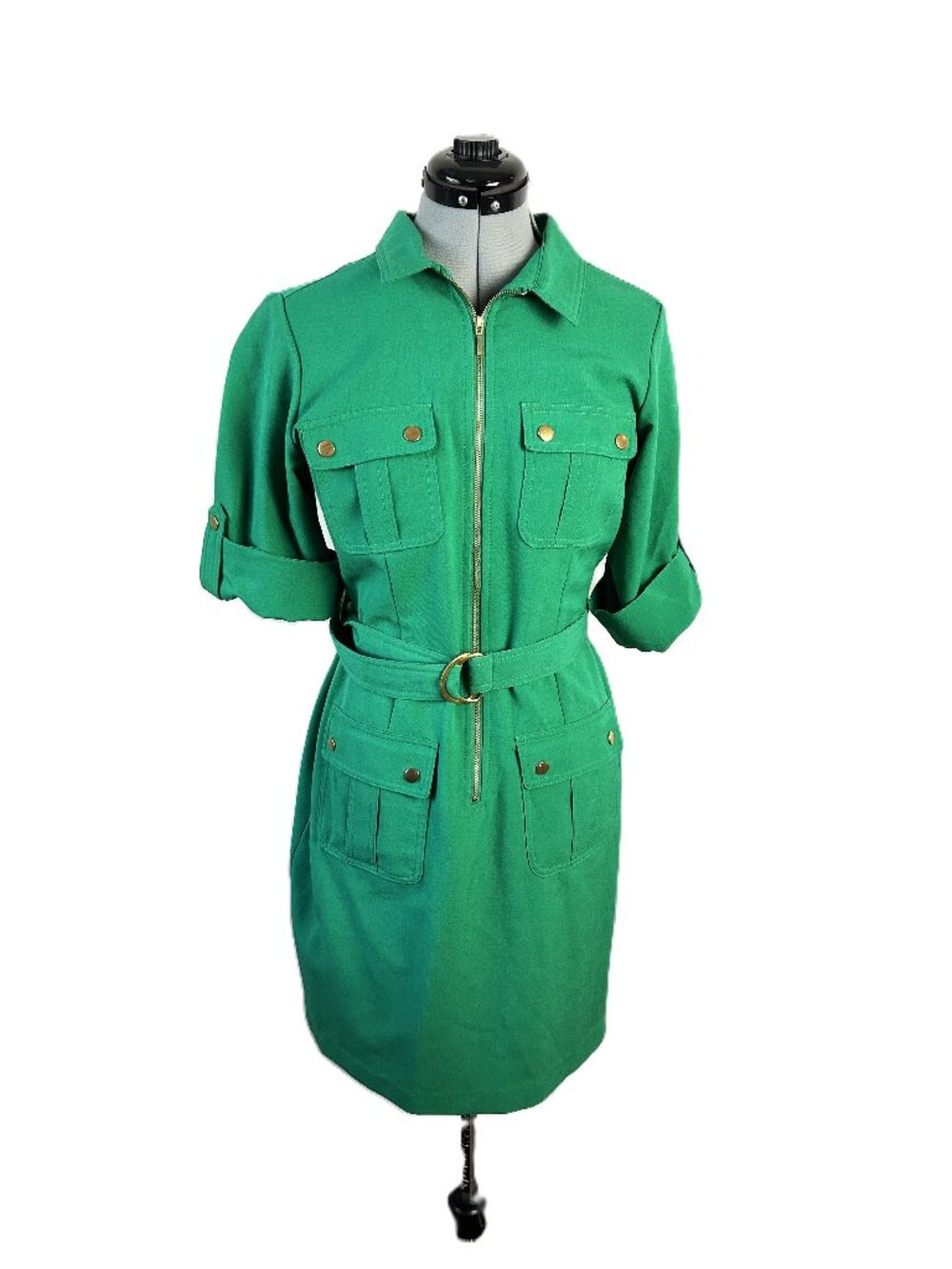 Sharagano Green Zip-Front Midi Shirt Dress